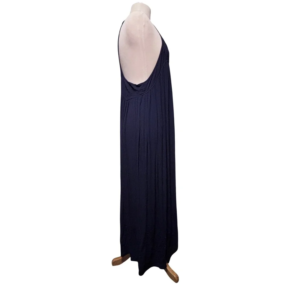 Free People Elaine Maxi Slip Navy Blue‎ Excellent Boho Embroidered T-Back Halter